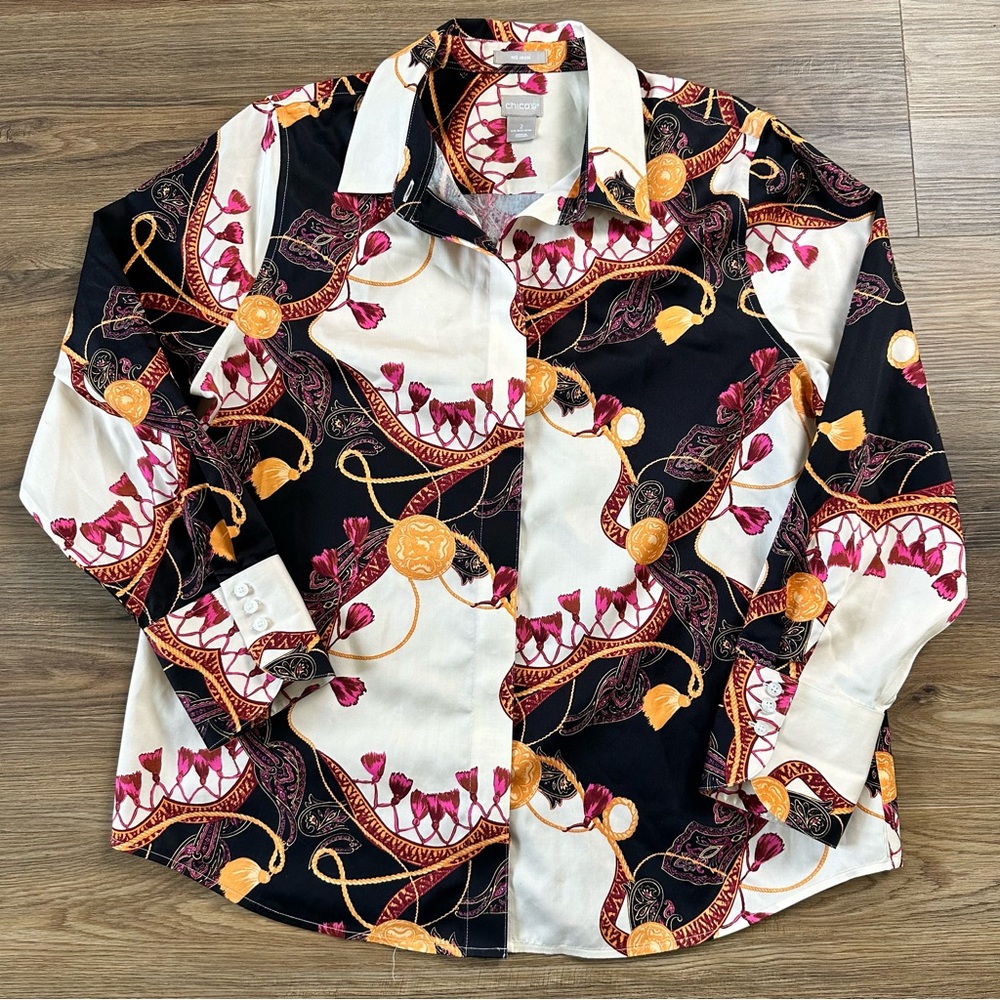 Chicos Baroque Scarf Print Button Blouse 2 12/14 Ivory Chain Tassel Long Sleeve